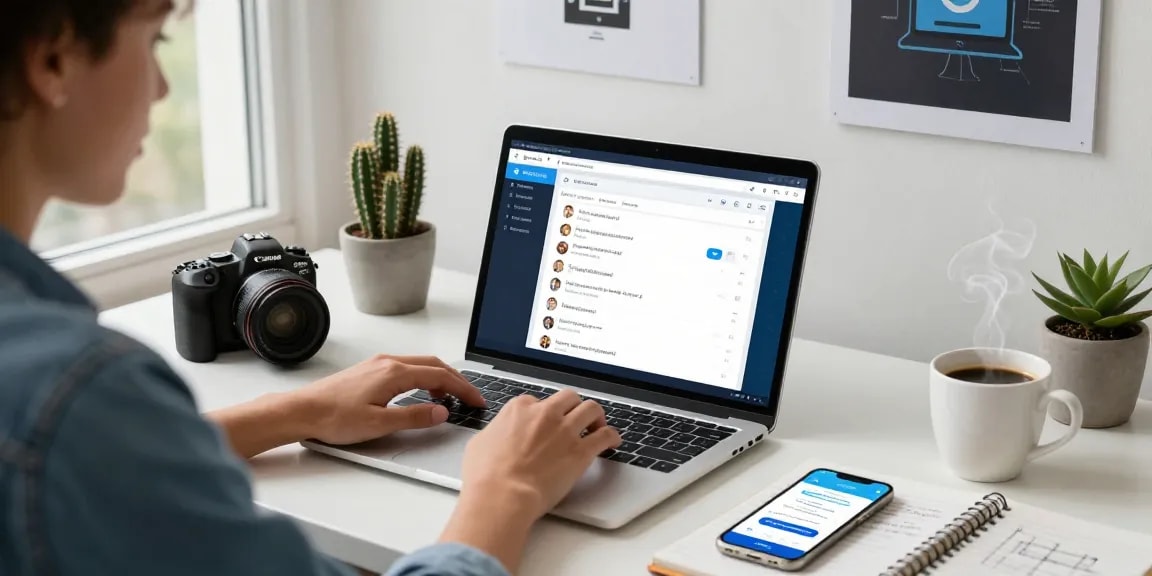 User accessing Telegram Web Version on laptop in modern workspace with coffee and tech notes.