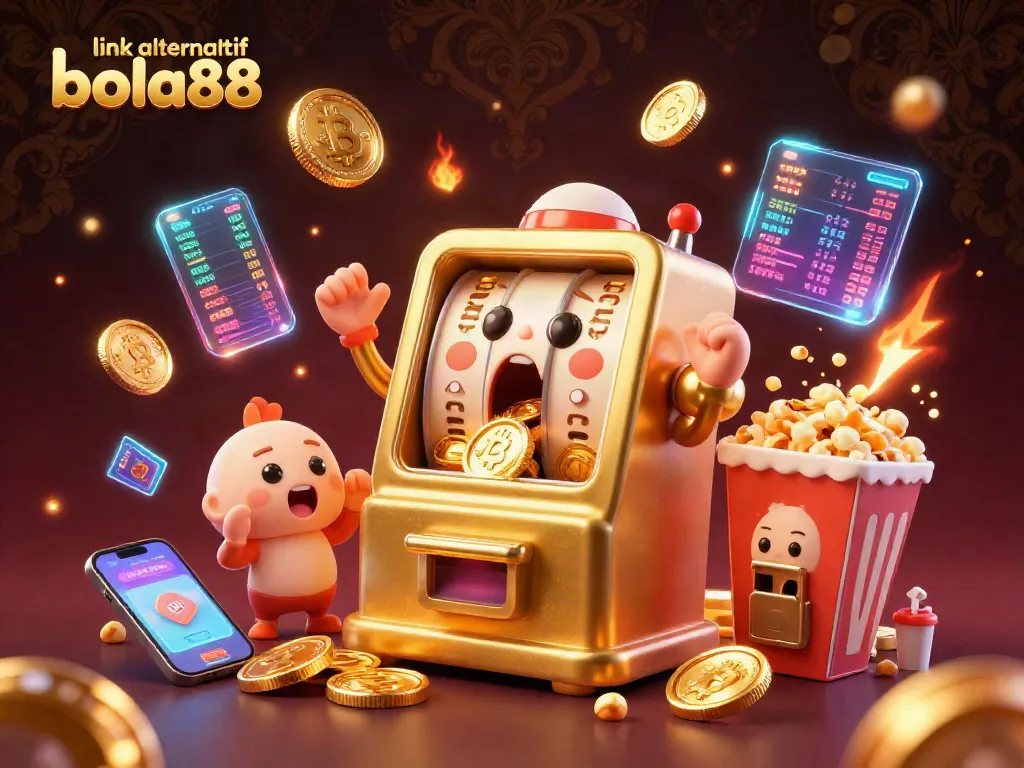 Engage with the link alternatif bola88 as the dynamic 3D golden slot machine hits a jackpot, showering coins.