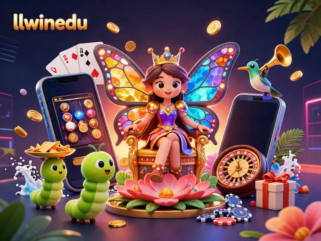 llwinedu's 3D butterfly queen illustration showcases vibrant online casino elements and gaming excitement.