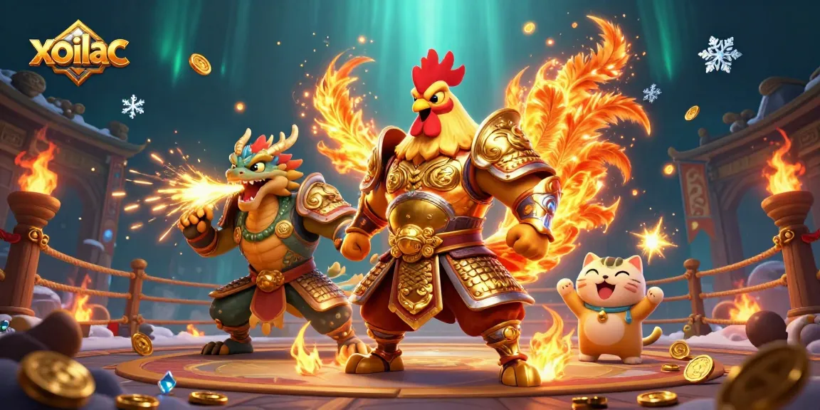Xoilac platform showcases an epic fighting rooster and dragon in a gambling arena with golden sparks.
