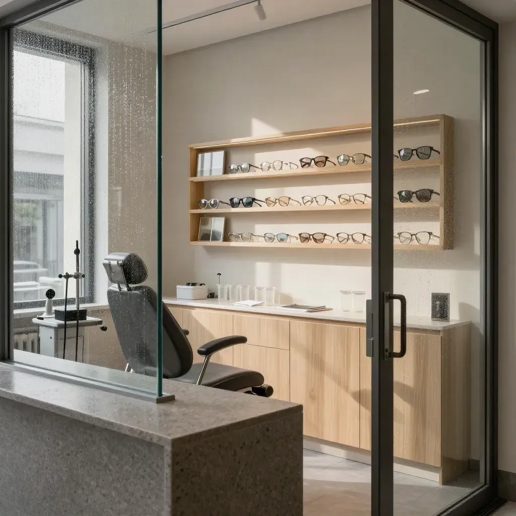 Optikbutiksinteriör med glasögonställ, provstol och mjuk ljusstrimma efter regn.