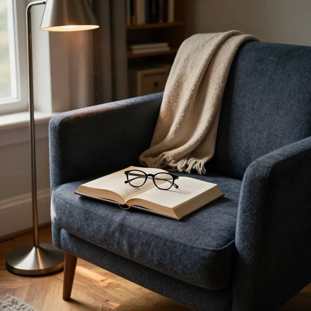 Fåtölj med pläd, glasögon och bok vid golvlampa i varm kvällsljus