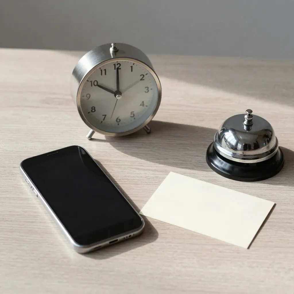 Klocka, telefon, ringklocka och kort på ljus träyta i lugnt morgonljus.