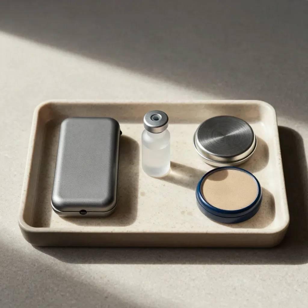Överhead flatlay med ögonundersökningsbricka, linsfodral, saltlösning, bomullsdosa och timer på sten.