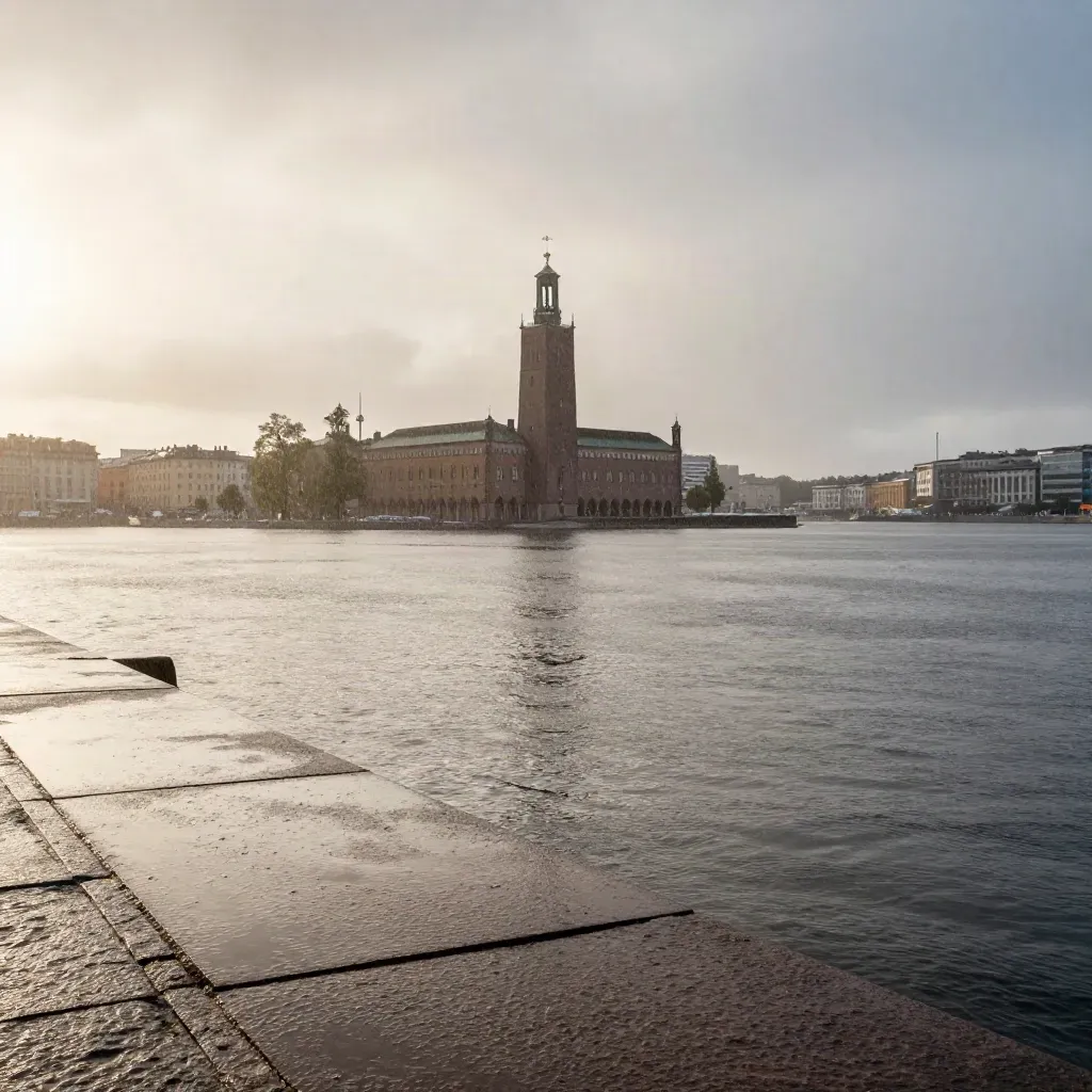 Stockholms stadshus över Riddarfjärden efter regn i gyllene kvällsljus