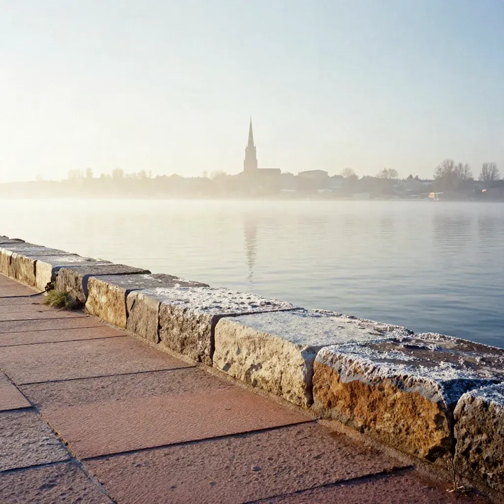 Västerås kaj i vintermorgon med kyrktorn och dis över Mälardalen.