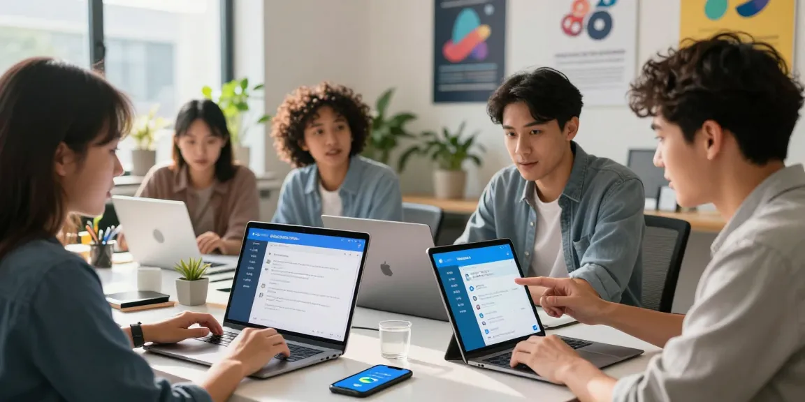 Team members discussing how to set up Telegram Chinese while collaborating in a modern workspace.
