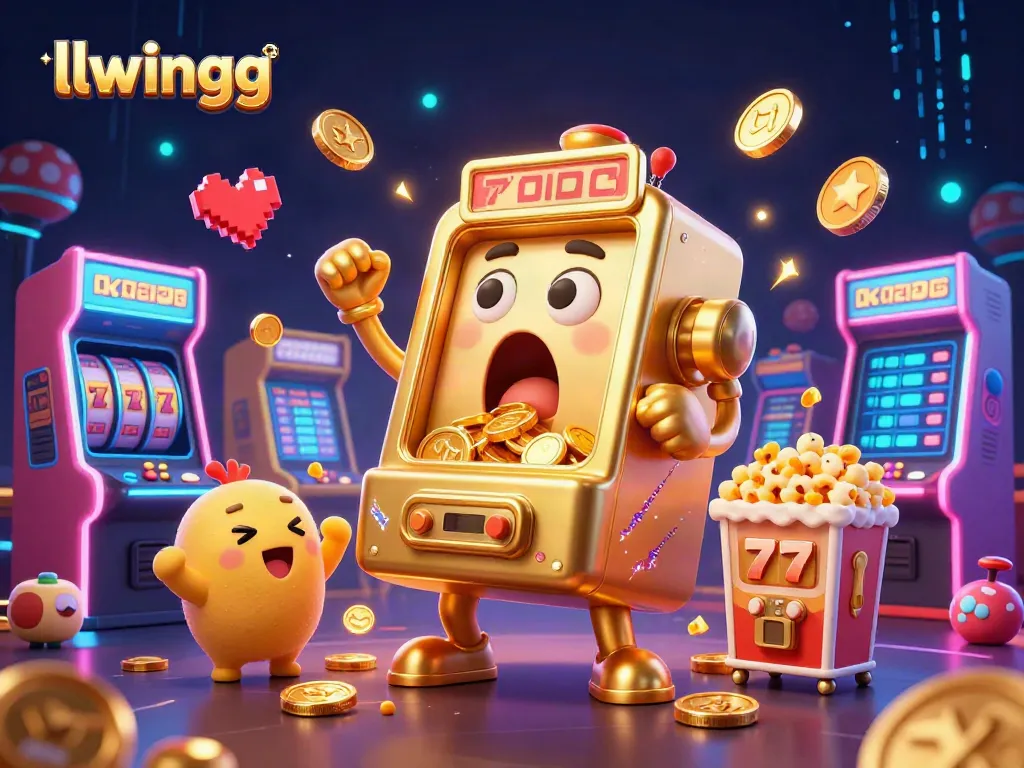 llwingg slot machine hits jackpot with coins pouring from its mouth, baby machines cheer.