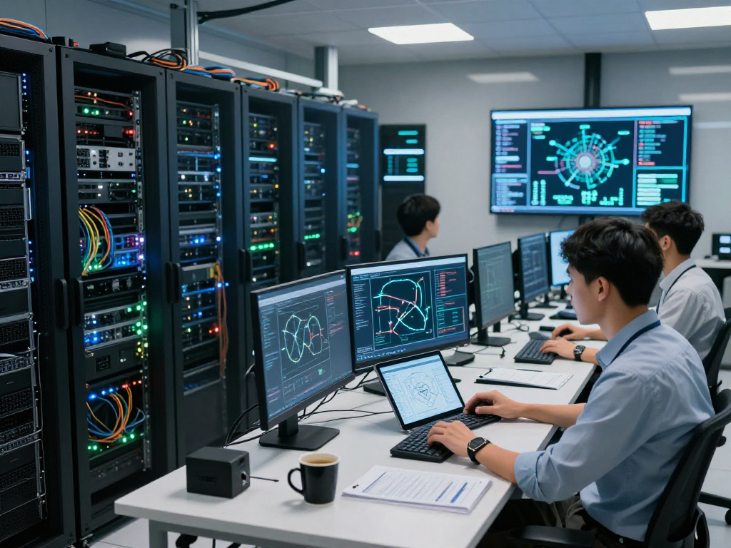 High-performance server management at ROKOK88 showcasing engineers monitoring real-time metrics.
