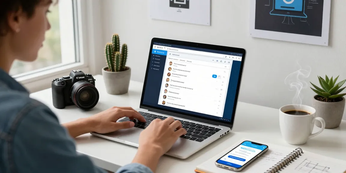 User accessing Telegram Web Version on laptop in modern workspace with coffee and tech notes.