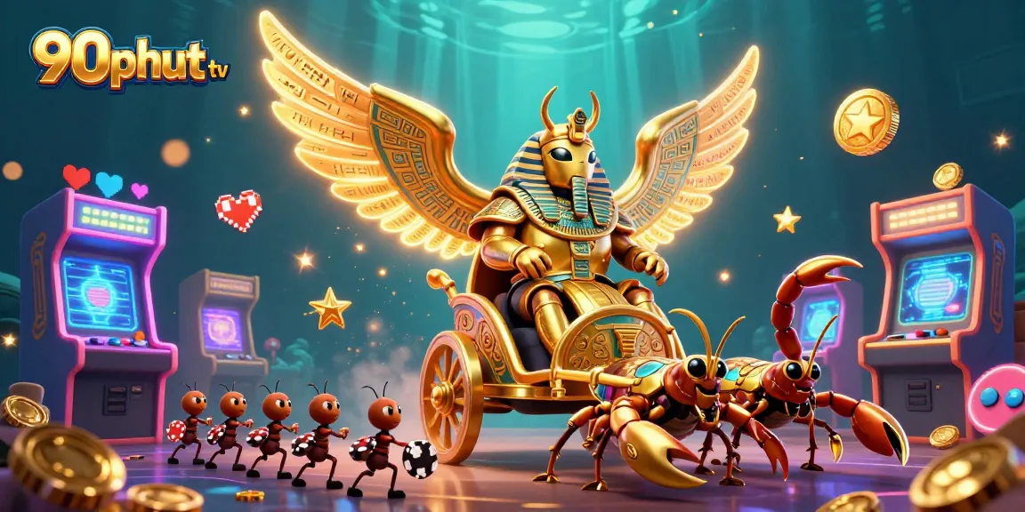 View 90phut tv with a glowing vibrant illustration scene filled with gaming elements and a pharaoh-themed character.