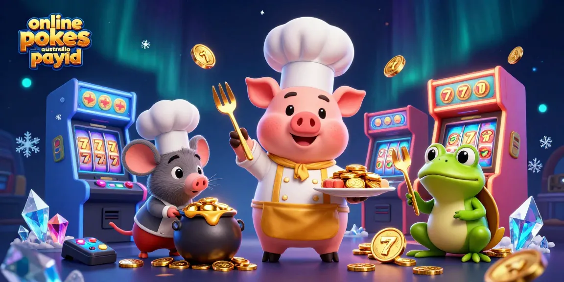 Engage with online pokies Australia PayID, showcasing vibrant slot reels, gold coins, and lively characters in a colorful casino scene.