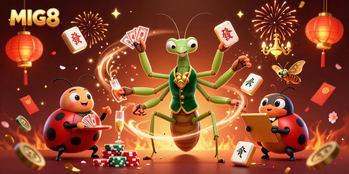 MIG8 showcases a vibrant casino scene with a giant card sharp and ladybug pit boss amidst festive gambling elements.