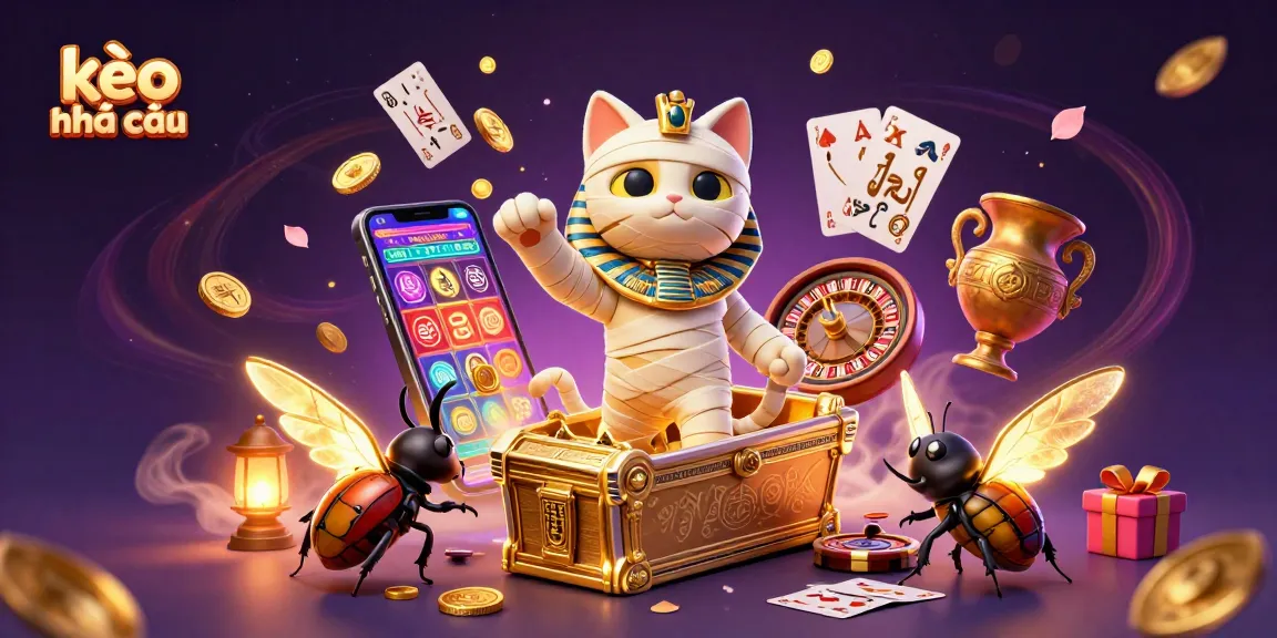 Engage in kèo nhà cái excitement as a mummy cat bursts from a sarcophagus amid casino magic.