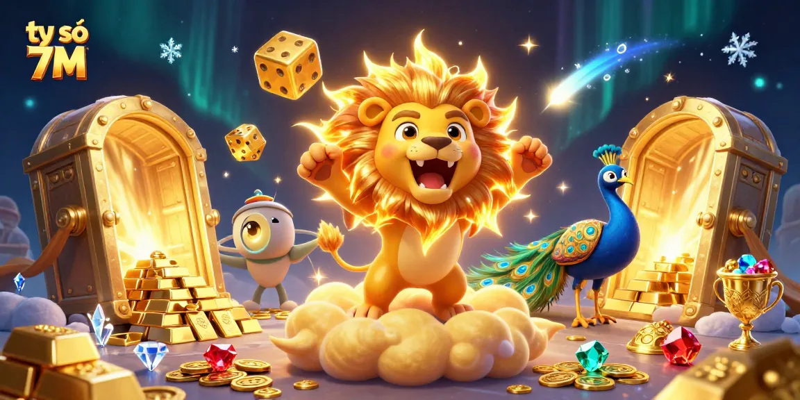 Engage with the thrilling tỷ số 7M in an energetic scene with a roaring lion and vibrant casino elements.